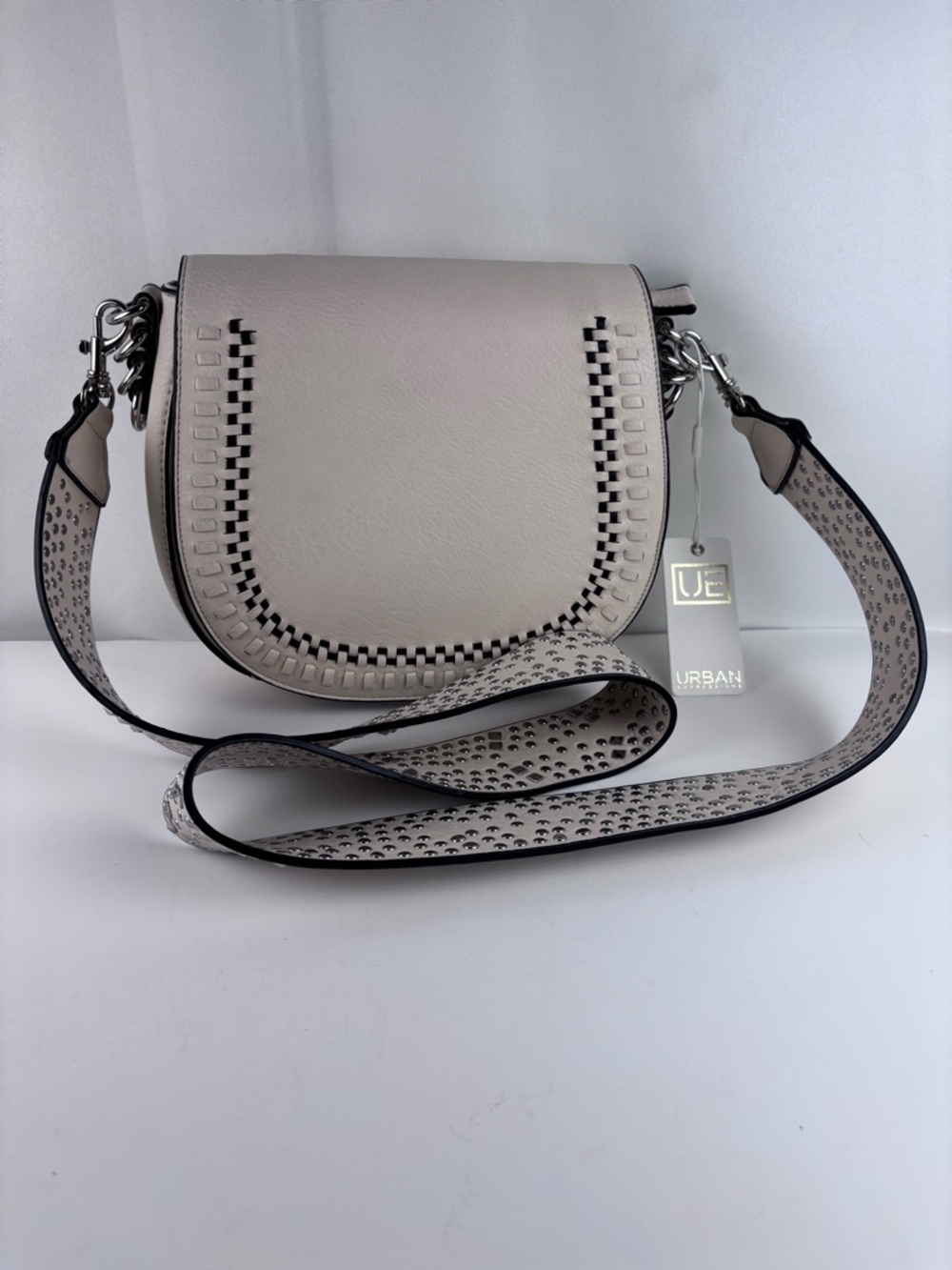 Urban Expressions Vegan Leather Saddle Bag - Studded Crossbody Strap Cream/Ivory